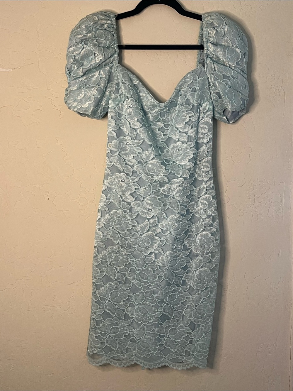Light Blue Lace Puff Sleeve Midi Dress